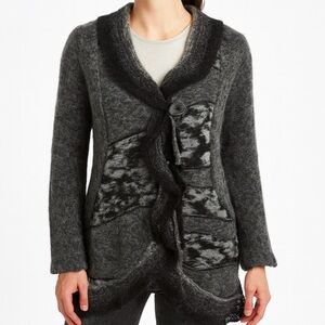 🆕 Marilu Cardigan Aritisan Hand Made Italy Wool Sweater Ruffle Waterfall Grey M